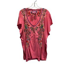 Johnny Was Womens 2X Pink Embroidered Peacock & Floral V-Neck Top